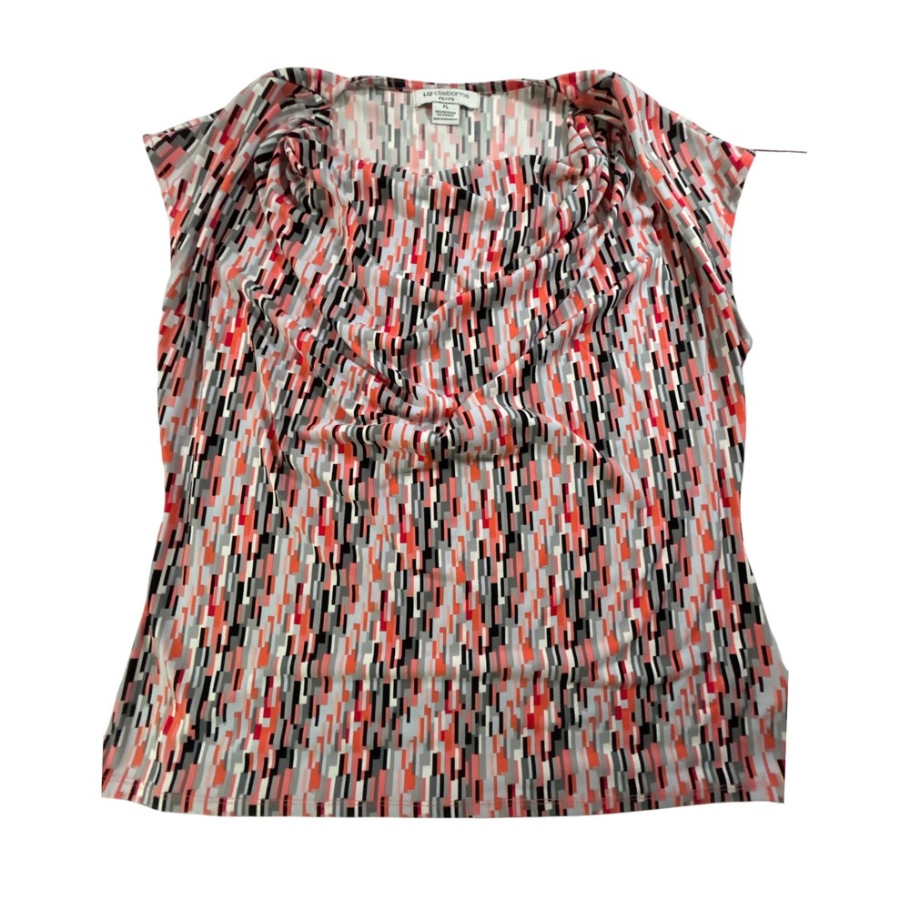 Liz Claiborne Petite Cowl Neck Blouse Geometric‎ Abstract Print Coral Gray PL